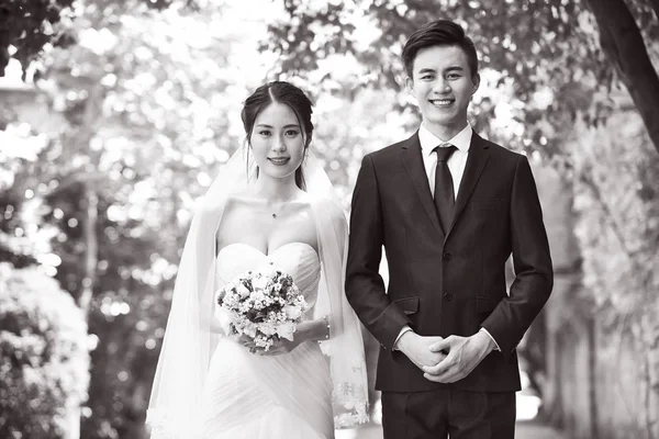 Ao ar livre retrato de um recém-casado asiático casal — Fotografia de Stock