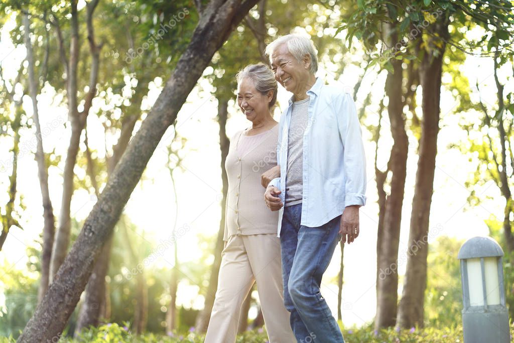 senior asian couple walking in park