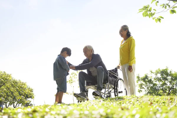 Asian grandparents and grandson enjoying nature in park — Stock Photo, Image