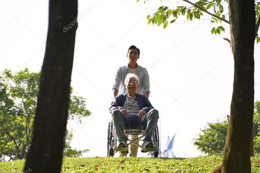 asian son and wheelchair bound father enjoying nature