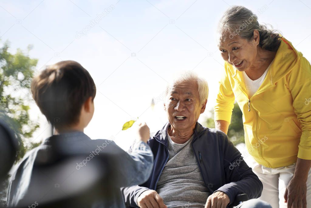 asian grandparents and grandson enjoying nature in park