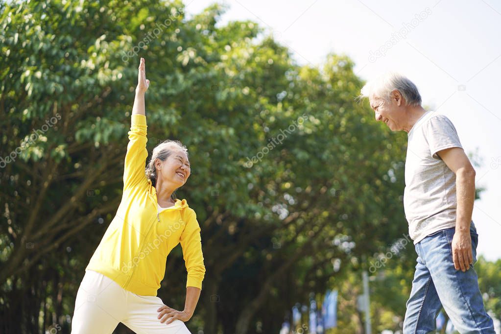 senior asian couple exercising in park