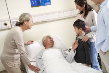 Asyalı aile dedeyi hastanede ziyaret ediyor.