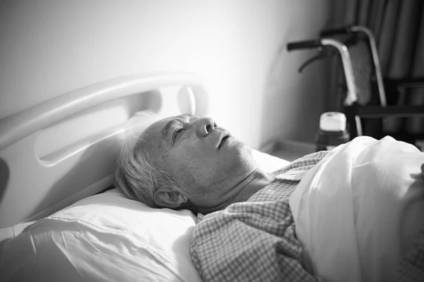 Sick Senior Asian Man Lying Hospital Bed Appears Sad Helpless — Stock Photo, Image