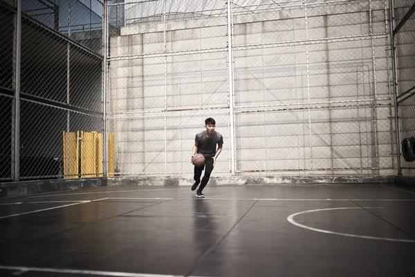 若いアジア系男性バスケットボール選手が屋外裁判所でダンクを試み — ストック写真