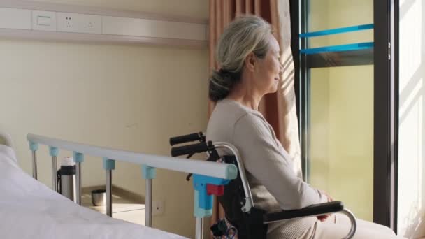 Senior Asiático Mujer Sentado Silla Ruedas Por Ventana Girando Cámara — Vídeos de Stock