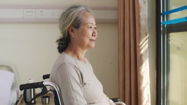 资深的亚洲女人坐在窗边的轮椅上 转身对着镜头微笑 — 图库视频影像