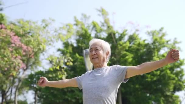 Счастливый Азиатский Старик Занимающийся Растяжением Рук Открытом Воздухе Парке — стоковое видео