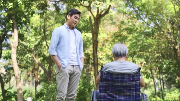 Junger Asiatischer Sohn Spricht Mit Rollstuhl Gefesseltem Demoralisierten Vater Freien — Stockvideo