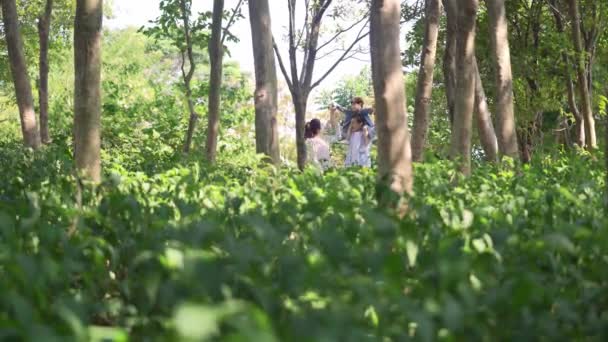 Glückliche Asiatische Familie Mit Einem Kind Das Entspannt Den Wäldern — Stockvideo