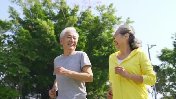 Gelukkig Senior Aziatisch Paar Joggen Buiten Een Park — Stockvideo