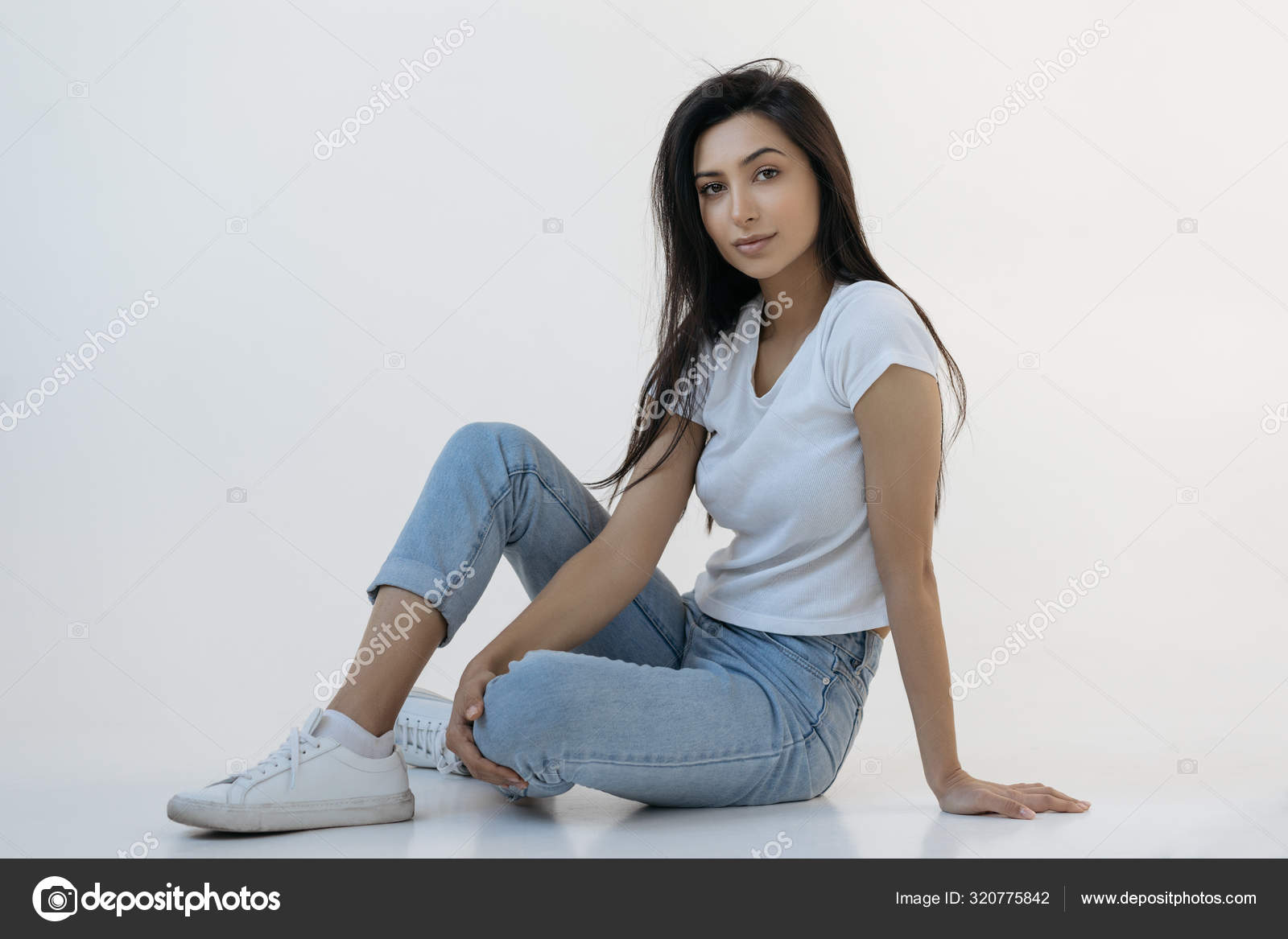 Portrait Young Attractive Woman Beautiful Face Wearing White Shirt Blue Stock Photo By C Oleksii Didok