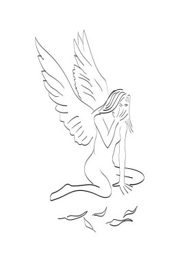 Düşmüş melek oturur ve ağlar, elleriyle yüzünü kapatır.