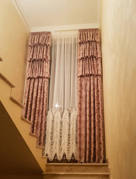 Long Tulle Curtains Flight Stairs — 스톡 사진