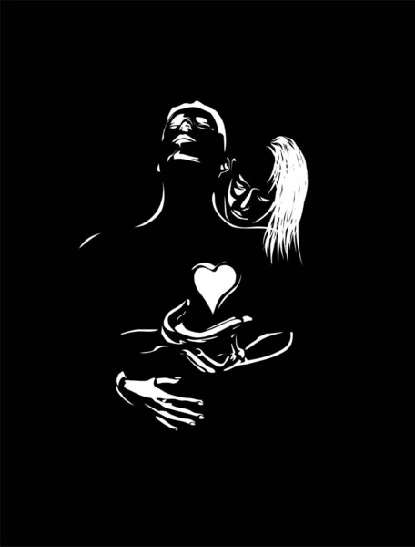 Femme Étreint Homme Sur Fond Noir — Image vectorielle