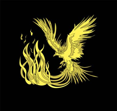 Anka kuşu ve ateş siyah bir arkaplanda