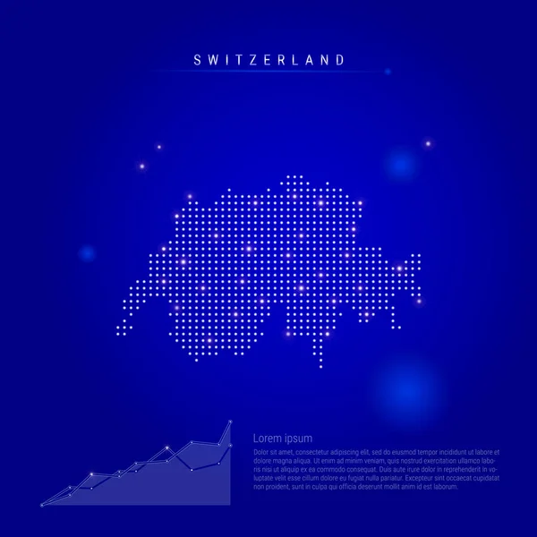 Svizzera illuminato mappa con puntini luminosi. Sfondo spazio blu scuro. Illustrazione vettoriale — Vettoriale Stock