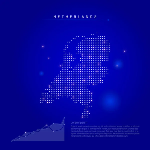 Nizozemsko ozářilo mapu zářícími tečkami. Tmavě modré pozadí. Vektorová ilustrace — Stockový vektor