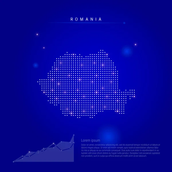 Rumania mapa iluminado con puntos brillantes. Fondo espacial azul oscuro. Ilustración vectorial — Vector de stock