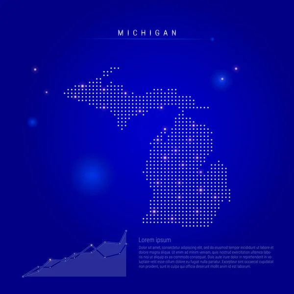 Michigan EE.UU. mapa iluminado estado con puntos brillantes. Fondo espacial azul oscuro. Ilustración vectorial — Vector de stock