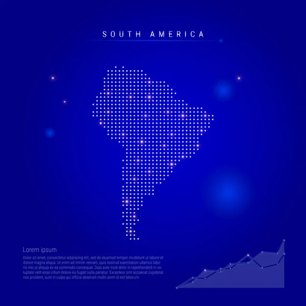 Mapa iluminado de Sudamérica con puntos brillantes. Fondo espacial azul oscuro. Ilustración vectorial — Archivo Imágenes Vectoriales