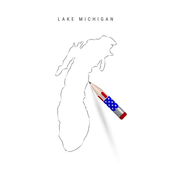 Lago Michigan mapa vectorial dibujo a lápiz. Mapa del contorno del lago Michigan con lápiz en colores de la bandera americana — Vector de stock