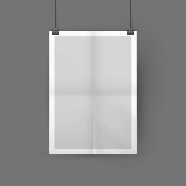 Blank folded vector poster mockup hanging on binder. Grey wall and paper sheet folded in four. Layout, vertical template — Stock Vector