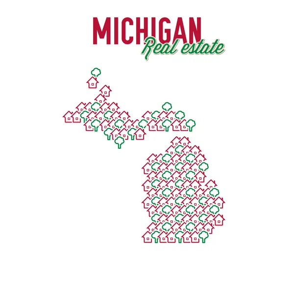 Mapa de propiedades inmobiliarias de Michigan. Diseño de texto. Michigan EE.UU. concepto de bienes raíces del estado. Ilustración vectorial — Vector de stock