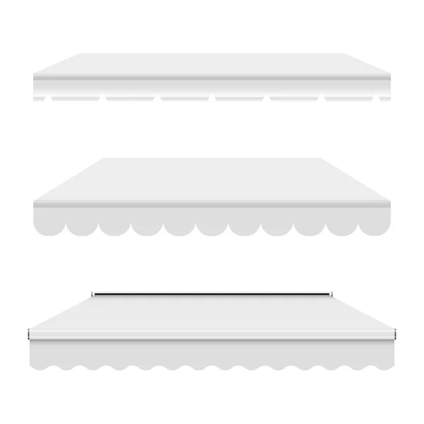 Leere weiße Vektor-Markise für Geschäft, Café, Markt oder Restaurant. Blanker Marktzeltvorhang aufgehübscht — Stockvektor