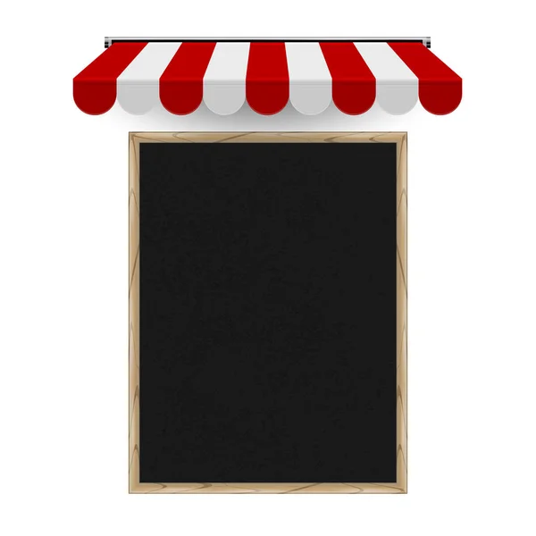 Restaurante, placa de menu de café modelo vertical. Chalkboard vetorial realista e toldo 3d listrado — Vetor de Stock