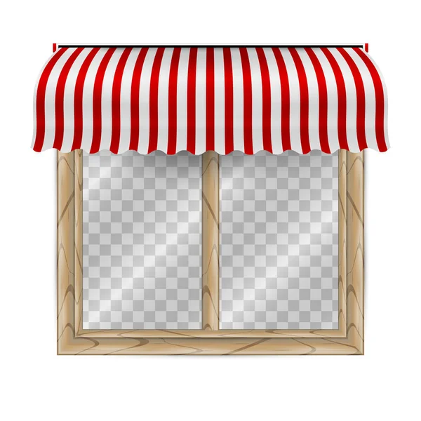 Moldura de janela dupla, dossel de toldo listrado. Ilustração vetorial. Janela de madeira com fundo transparente atrás de vidro — Vetor de Stock