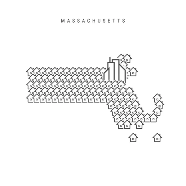 Massachusetts fastighetskarta. Ikoner av hus i form av en karta över Massachusetts. Vektorillustration — Stock vektor