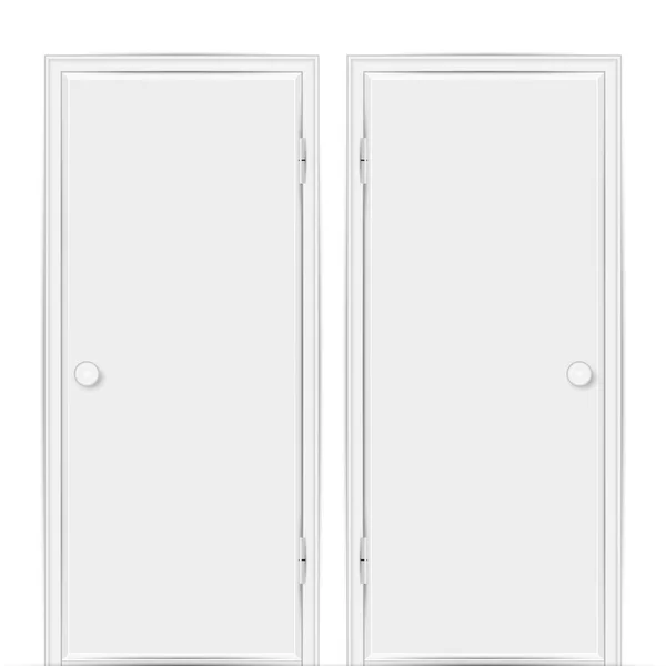 Dwa realistyczne puste białe zamknięte drzwi z ramami i gałkami wyizolowanymi na biało — Wektor stockowy