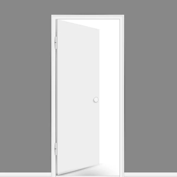 Realistic empty white door open inside the room on the grey wall background — Stockvector