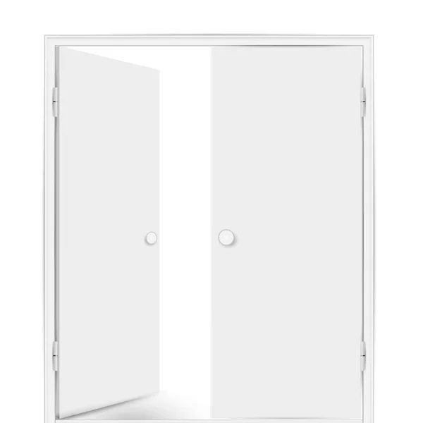 Çift beyaz kapı, kapılardan biri açık. Vektör illüstrasyonu beyaz arkaplanda izole edildi — Stok Vektör