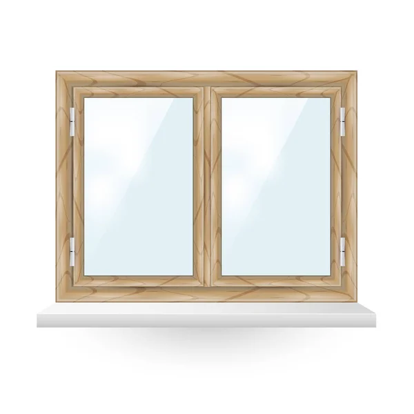 Double wooden window with white window hinges and windowsill isolated on white. Realistic vector illustration — Stock Vector