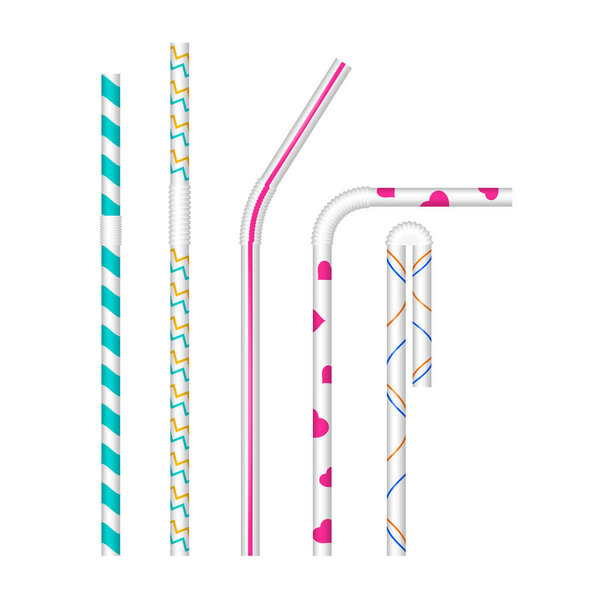 White drinking straws with different patterns. Vector realistic set. Various bends. Cocktail straw mock up.