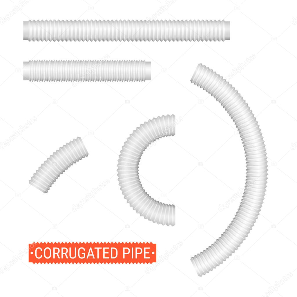 Corrugated pipes. Realistic vector illustration isolated on white. Empty white tubes.