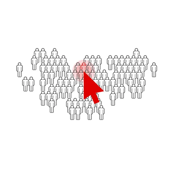 最好的员工的选择 红色人物标志是招聘者所选择的标志 Hr概念 箭头光标指向人群中的一个人 矢量说明 — 图库矢量图片