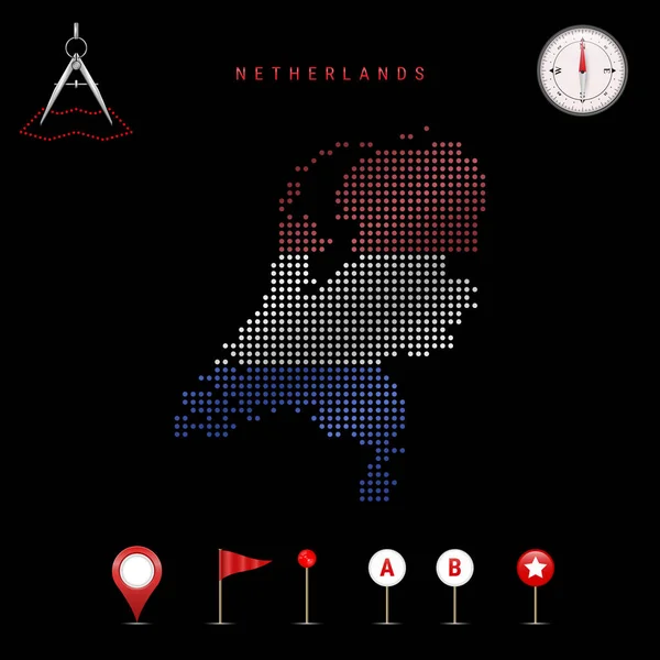 Hollandia Pontozott Térképe Hollandia Nemzeti Lobogójának Színeivel Festve Hullámzó Zászló — Stock Vector