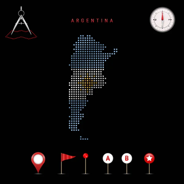 アルゼンチンの国旗の色で描かれたアルゼンチンの点線の地図 旗の効果を振って 地図ツール 地図アイコンのセット ベクターイラスト — ストックベクタ
