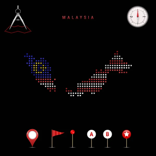Dotted Map Malaysia Painted Colors National Flag Malaysia Waving Flag — Stock Vector