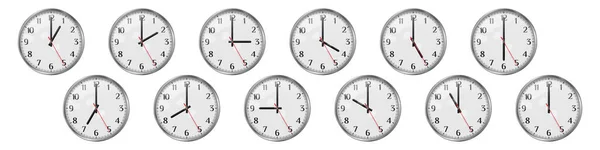 Conjunto de relógios redondos mostrando várias horas. Relógio mundial, fusos horários. Ilustração vetorial realista —  Vetores de Stock