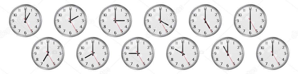 Set of round clocks showing various time. World clock set, time zones. Realistic vector illustration