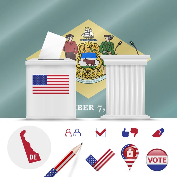 Presidential Elections Delaware Vector Waving Flag Realistic Ballot Box Public — Stock Vector
