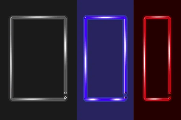 Três quadros verticais de diferentes larguras brilhando sinal de néon ou luz de tira LED no fundo escuro. Arte vetorial —  Vetores de Stock