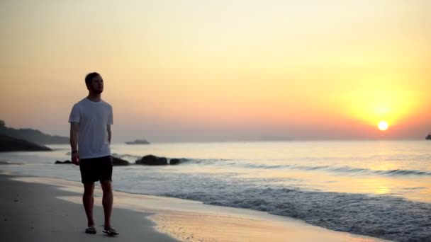 Nómada Digital Freelancing Expatriado Con Estilo Vida Alternativo Caminando Playa — Vídeo de stock