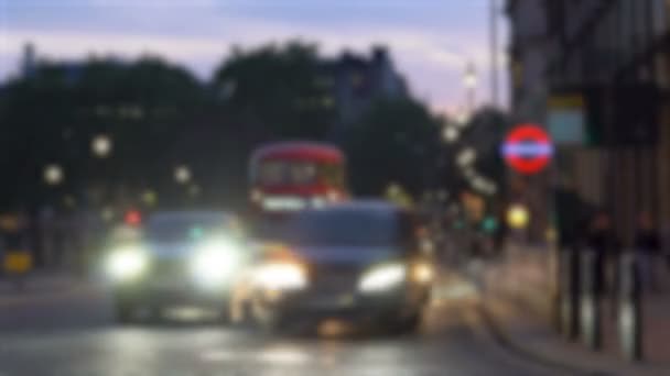 Blurry London Double Decker Buses Driving Evening Timelapse — Stock Video