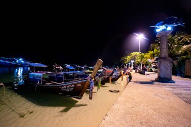 Phi Phi Adası, Tayland - 24 Kasım 2019: Phi Phi Adası 'ndaki Loh Dalum Sahili' ne gece park etmiş geleneksel uzun kuyruklu tekneler.