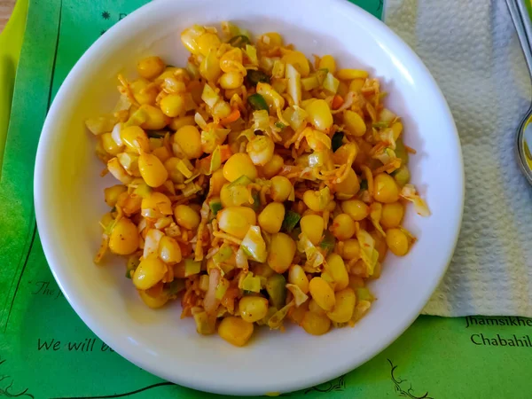 Spicy Corn Served Healthy Fillings White Plate Selective Focus — 스톡 사진